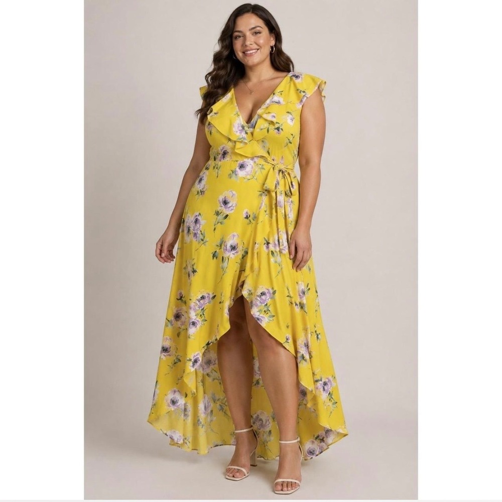 Leith Yellow Floral Ruffle High Low Wrap Maxi Dress Small Sleeveless V-Neck